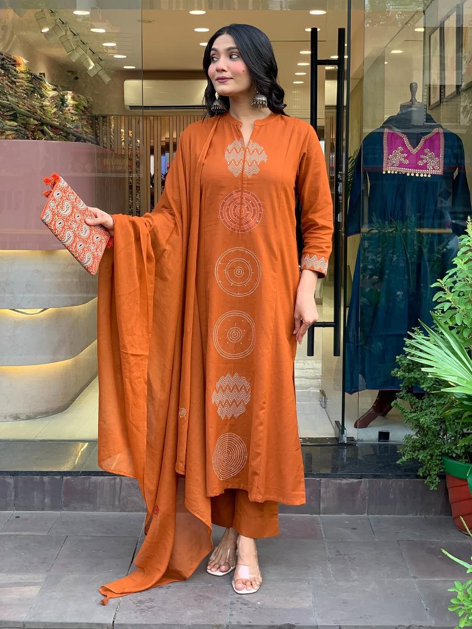 Biba Rust Orange Cotton Kurta Set with Minimal Embroidery and Matching Dupatta