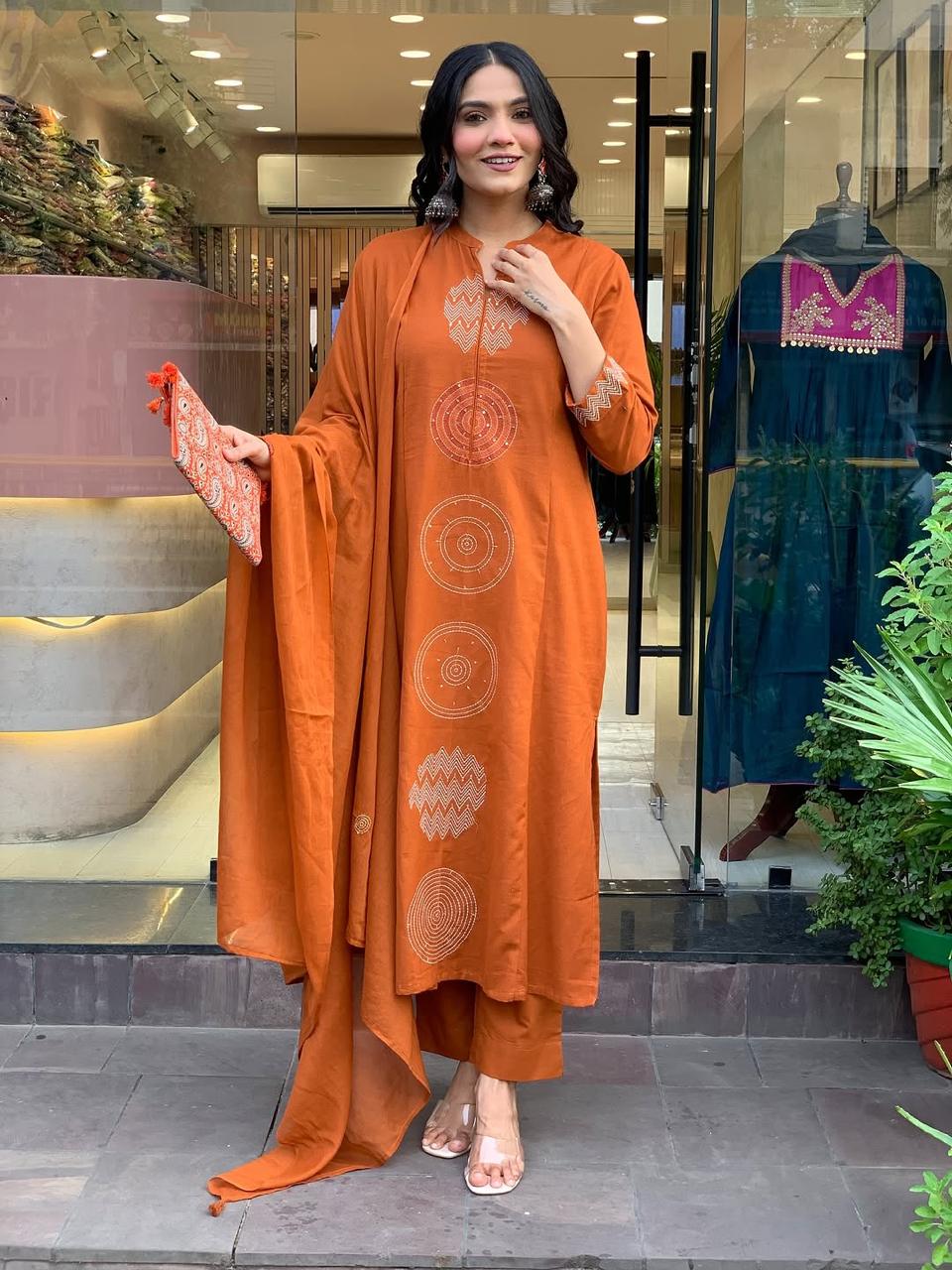 Biba Rust Orange Cotton Kurta Set with Minimal Embroidery and Matching Dupatta