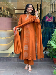 Biba Rust Orange Cotton Kurta Set with Minimal Embroidery and Matching Dupatta