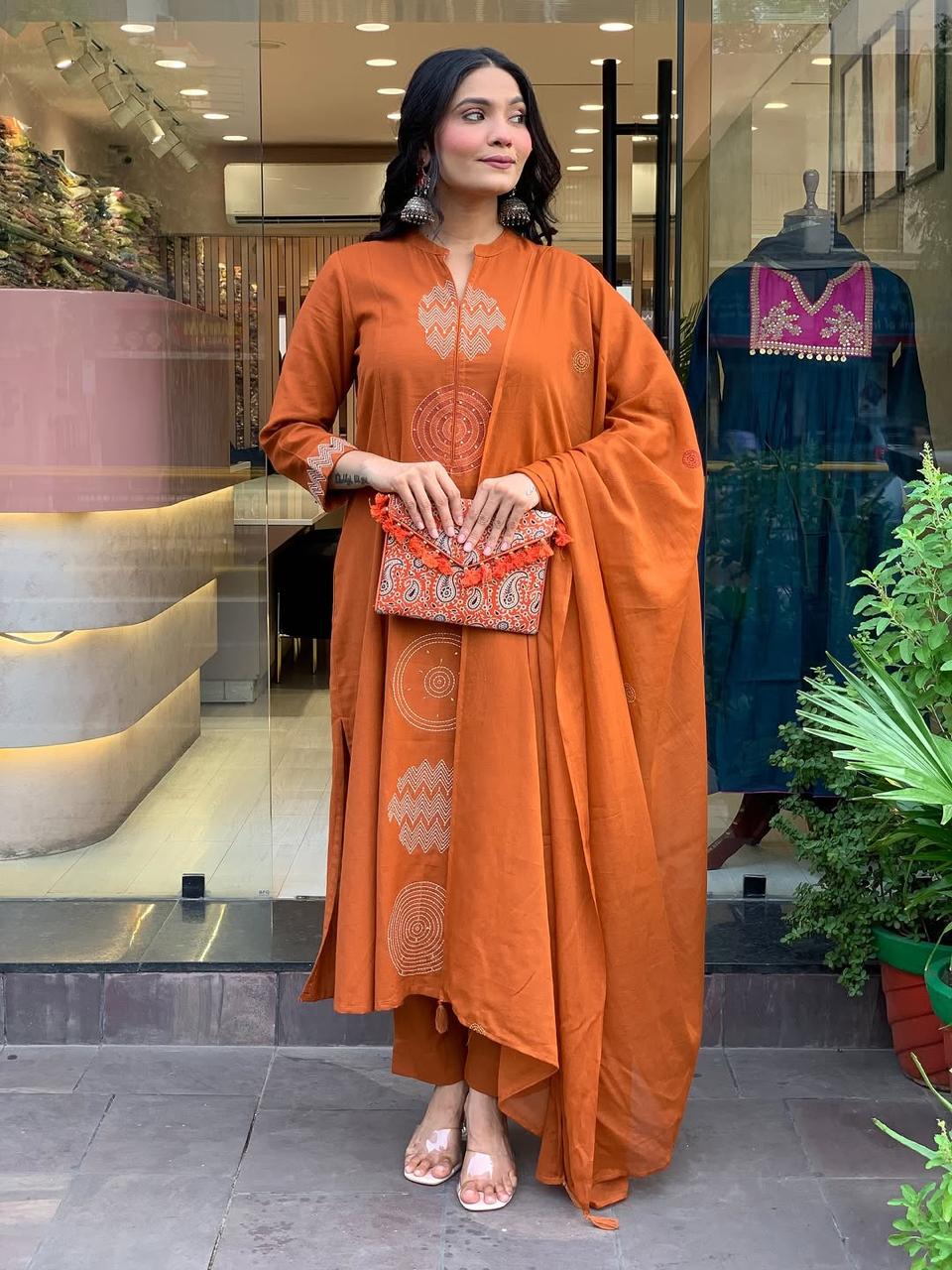 Rust Orange Cotton Kurta Set with Minimal Embroidery and Matching Dupatta