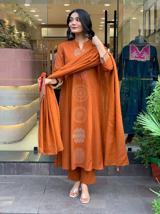 Biba Rust Orange Cotton Kurta Set with Minimal Embroidery and Matching Dupatta