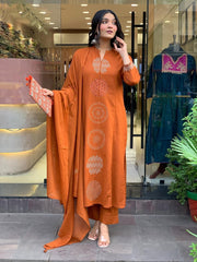 Biba Rust Orange Cotton Kurta Set with Minimal Embroidery and Matching Dupatta