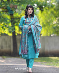 Elegant Teal Blue Cotton Kurta Set with Embroidered Neckline and Printed Dupatta