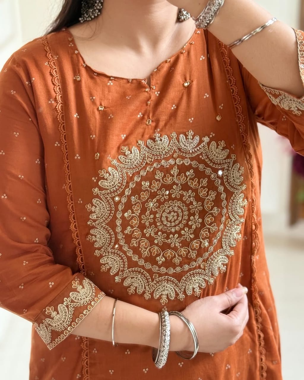 Rust Orange Embroidered Kurta Set with Dupatta