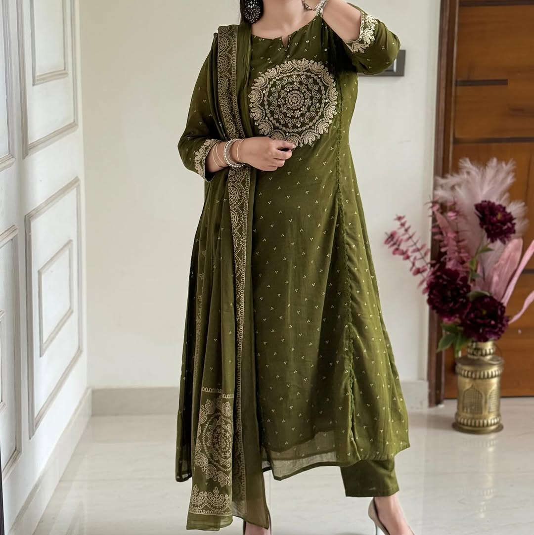 Olive Green Ethnic Embroidered Suit Set
