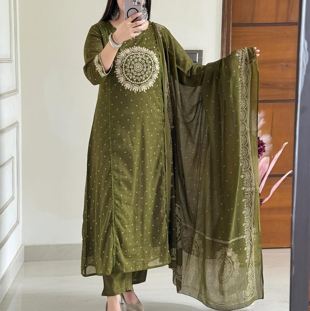 Olive Green Ethnic Embroidered Suit Set