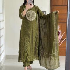 Olive Green Ethnic Embroidered Suit Set