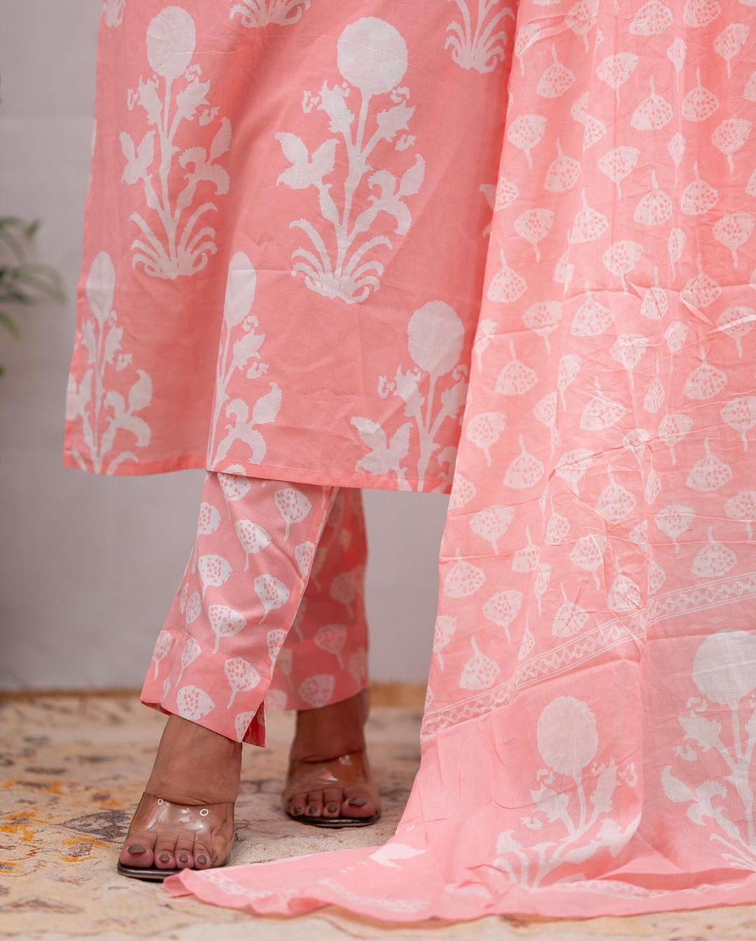Graceful Peach Printed Cotton Kurta Set with Dupatta