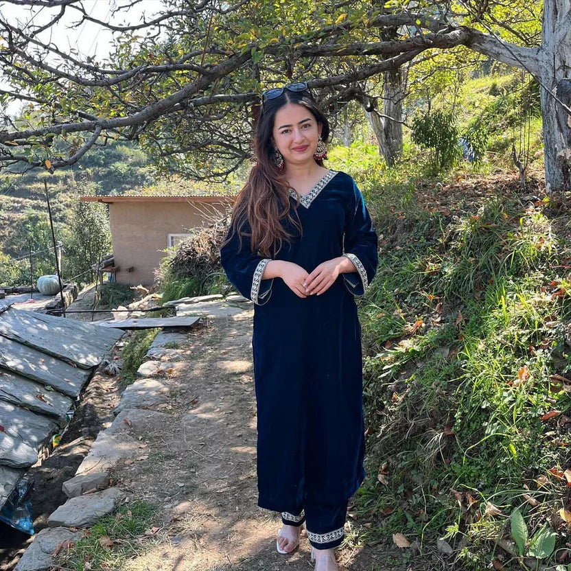 Navy Blue Velvet Embroidered Kaftan Kurta