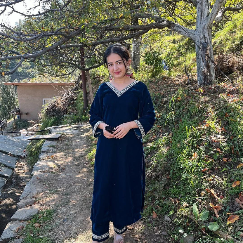 Navy Blue Velvet Embroidered Kaftan Kurta