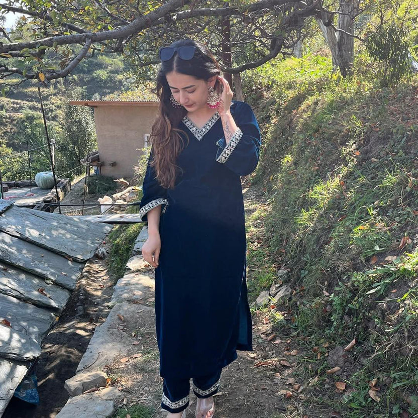 Navy Blue Velvet Embroidered Kaftan Kurta