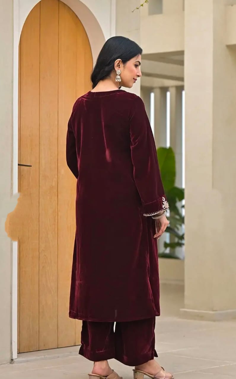 Elegant Maroon Velvet Suit Set with Embellished Dupatta