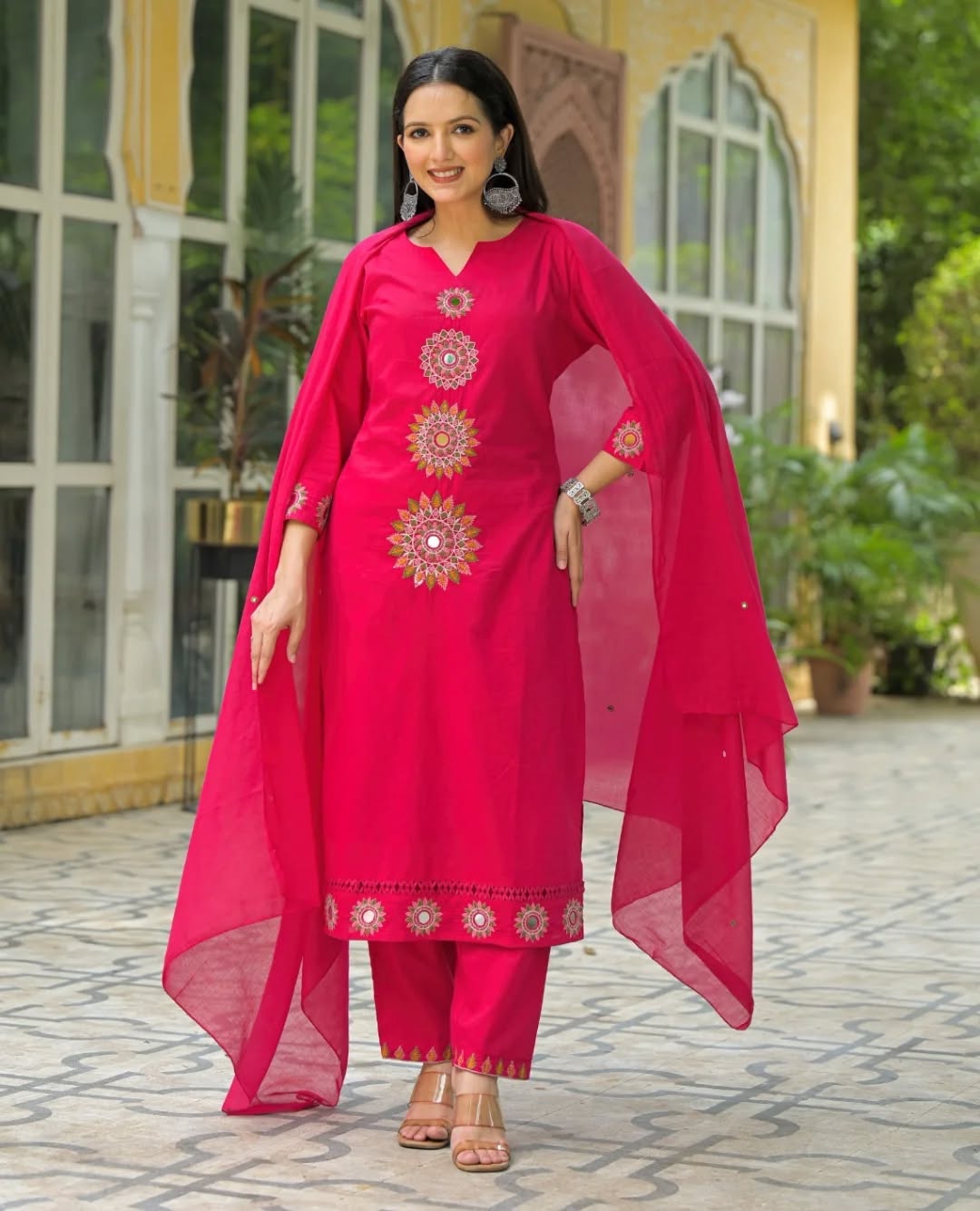 Rani Pink Embroidered Kurta Set with Sheer Dupatta