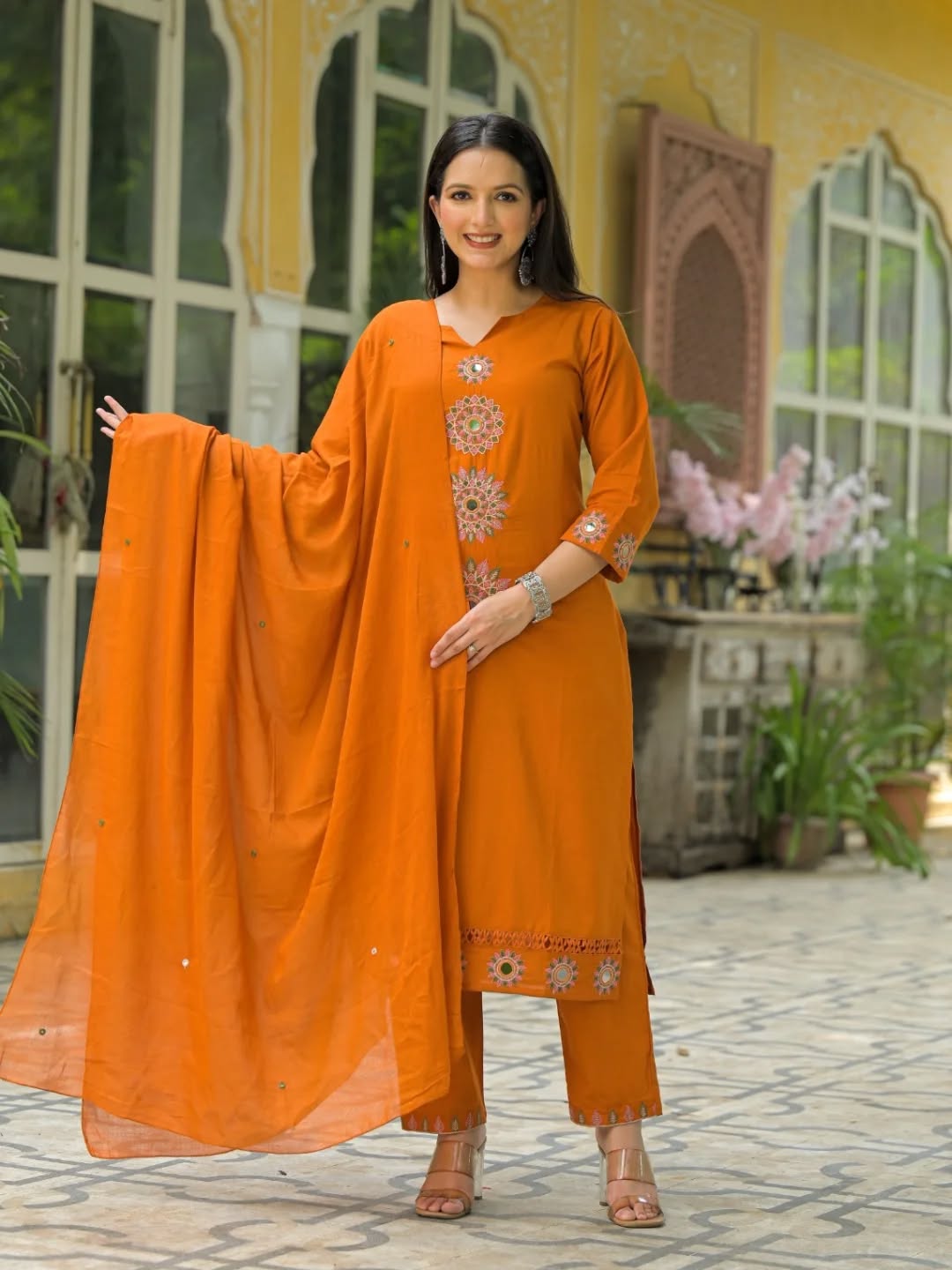 Sunlit Saffron Embroidered Kurta Set with Dupatta
