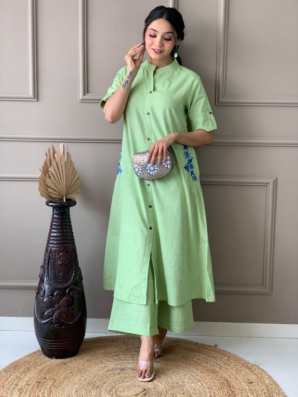 Light Green Embroidered Cotton Kurta and Palazzo Set