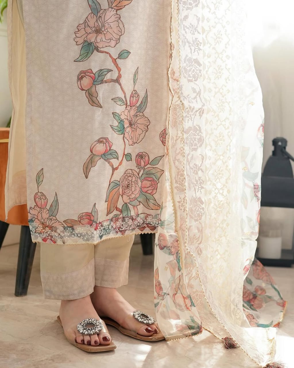 Elegant Off-White Suit with Pastel Embroidery