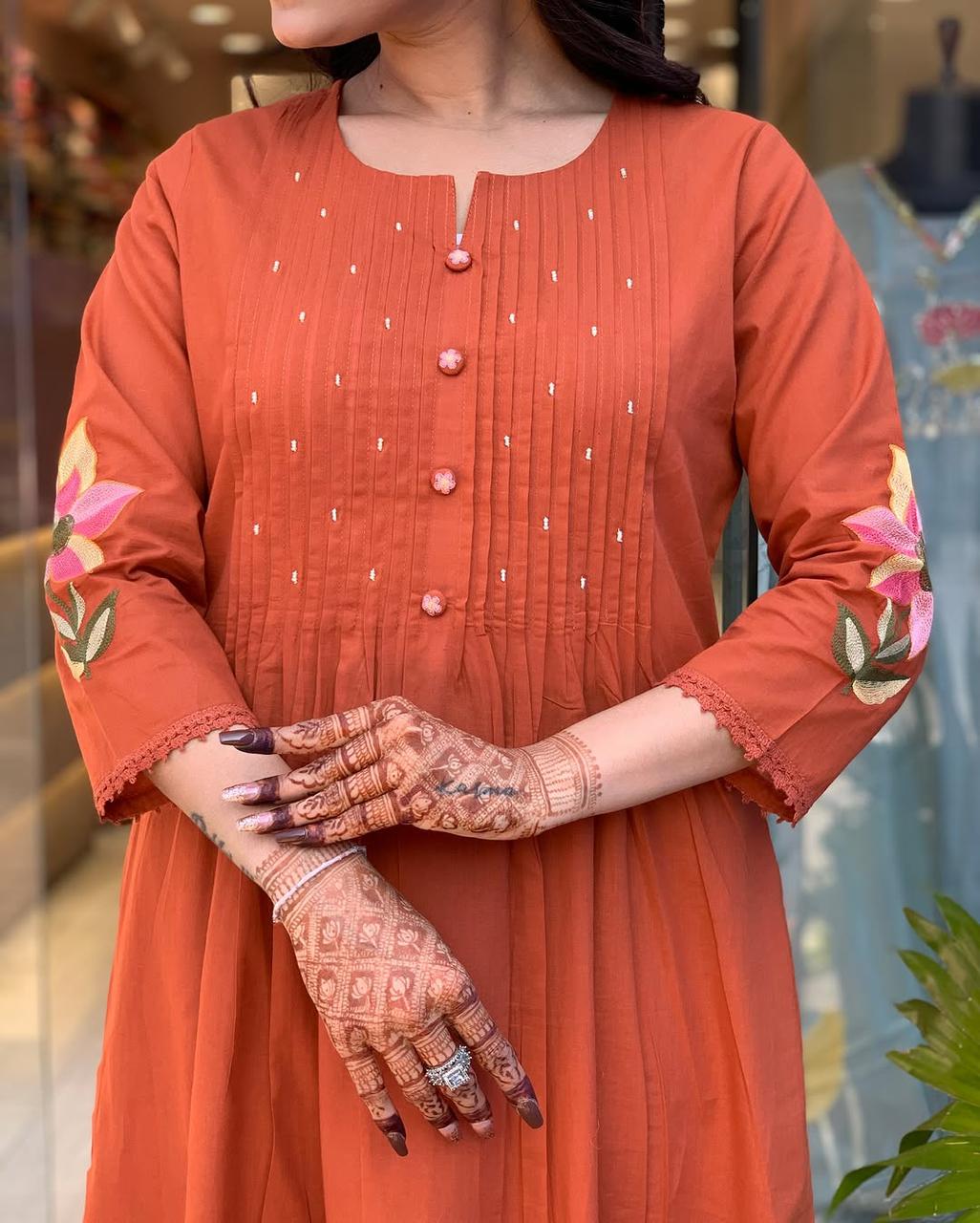 Biba Rust Orange Floral Kurta Set with Dupatta