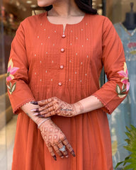 Biba Rust Orange Floral Kurta Set with Dupatta