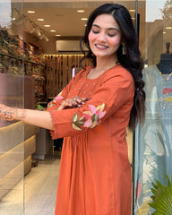 Biba Rust Orange Floral Kurta Set with Dupatta