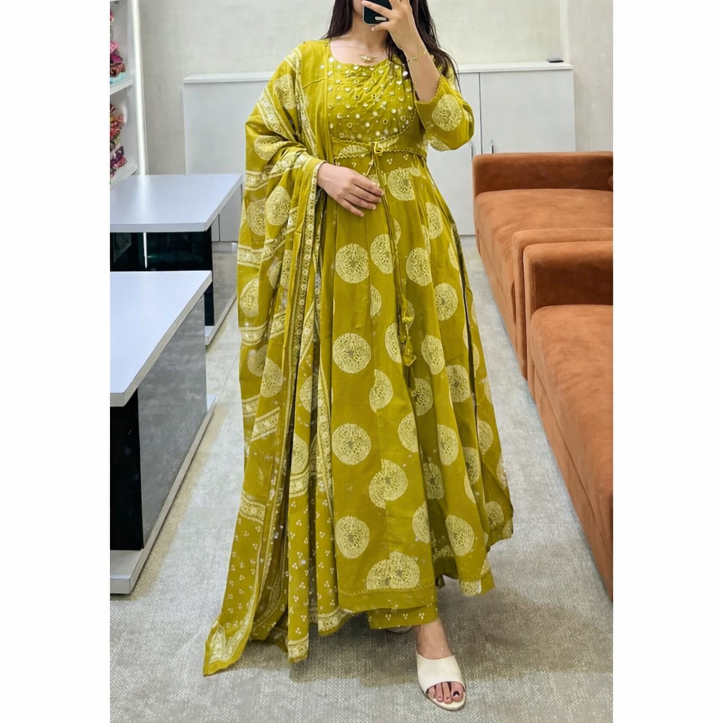 Yellow Cotton Printed Anarkali with Attached Jacket Detailing with Pants and Dupatta