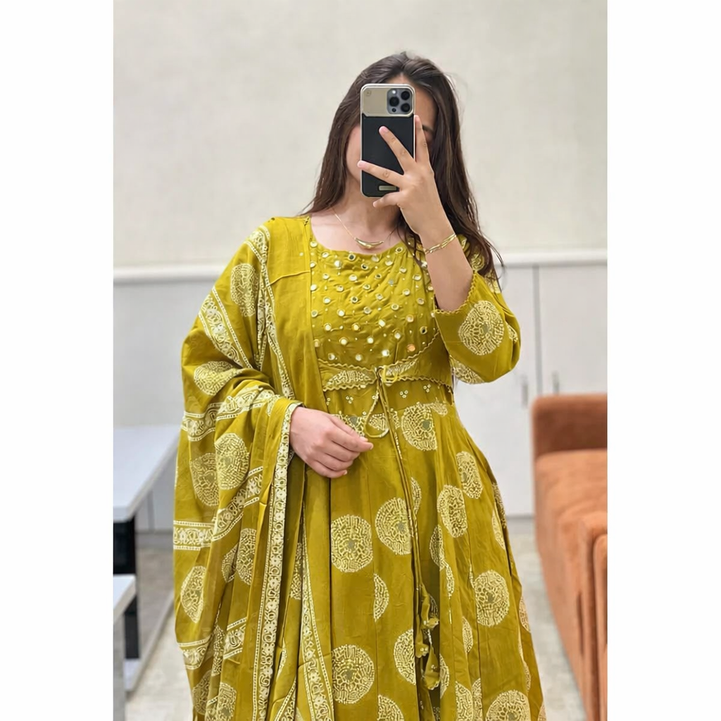 Yellow Cotton Printed Anarkali with Attached Jacket Detailing with Pants and Dupatta