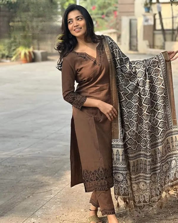 Brown Embroidered Cotton Suit Set with Dupatta