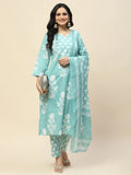 Elegant Sea Green Printed Cotton Kurta Set with Dupatta