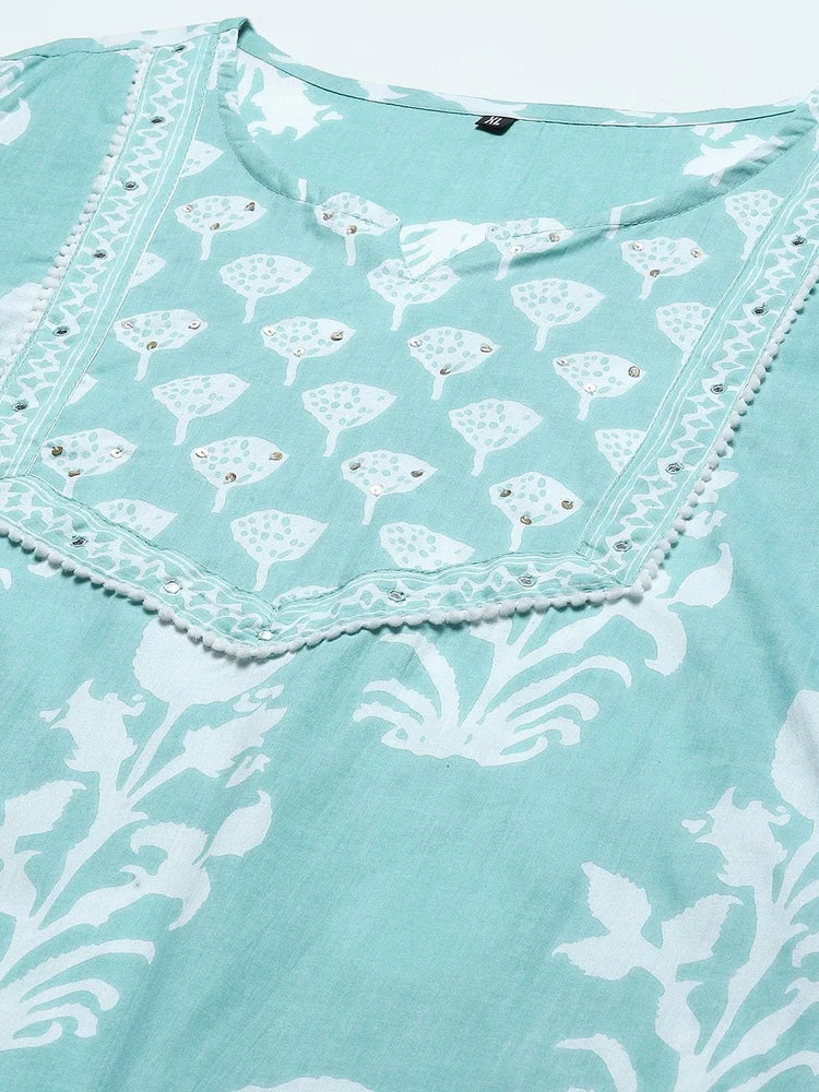 Elegant Sea Green Printed Cotton Kurta Set with Dupatta