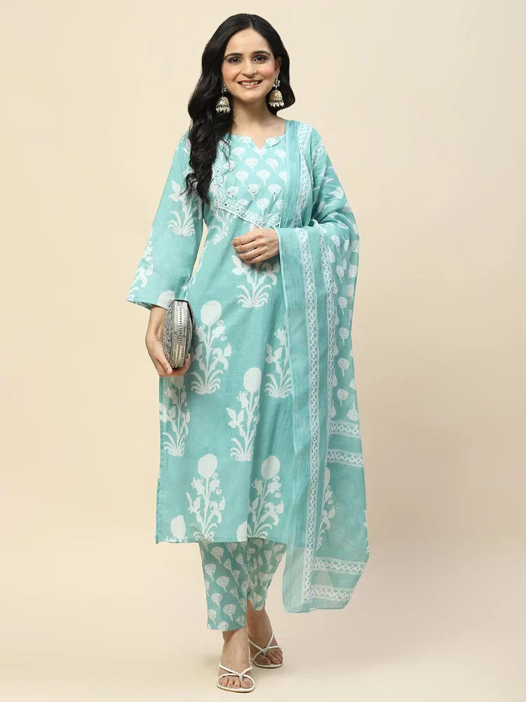 Elegant Sea Green Printed Cotton Kurta Set with Dupatta