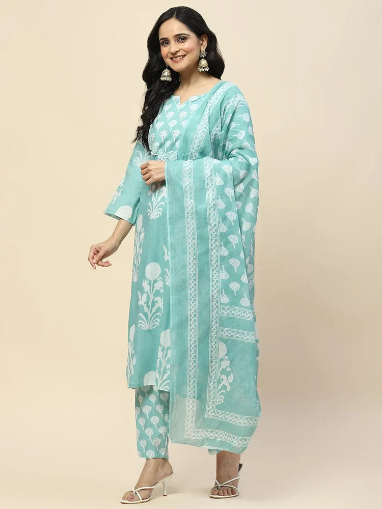 Elegant Sea Green Printed Cotton Kurta Set with Dupatta