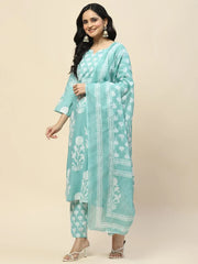 Elegant Sea Green Printed Cotton Kurta Set with Dupatta
