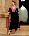 Premium Navy Blue Velvet Embroidered Kurta Set