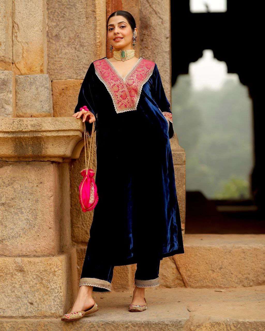 Premium Navy Blue Velvet Embroidered Kurta Set