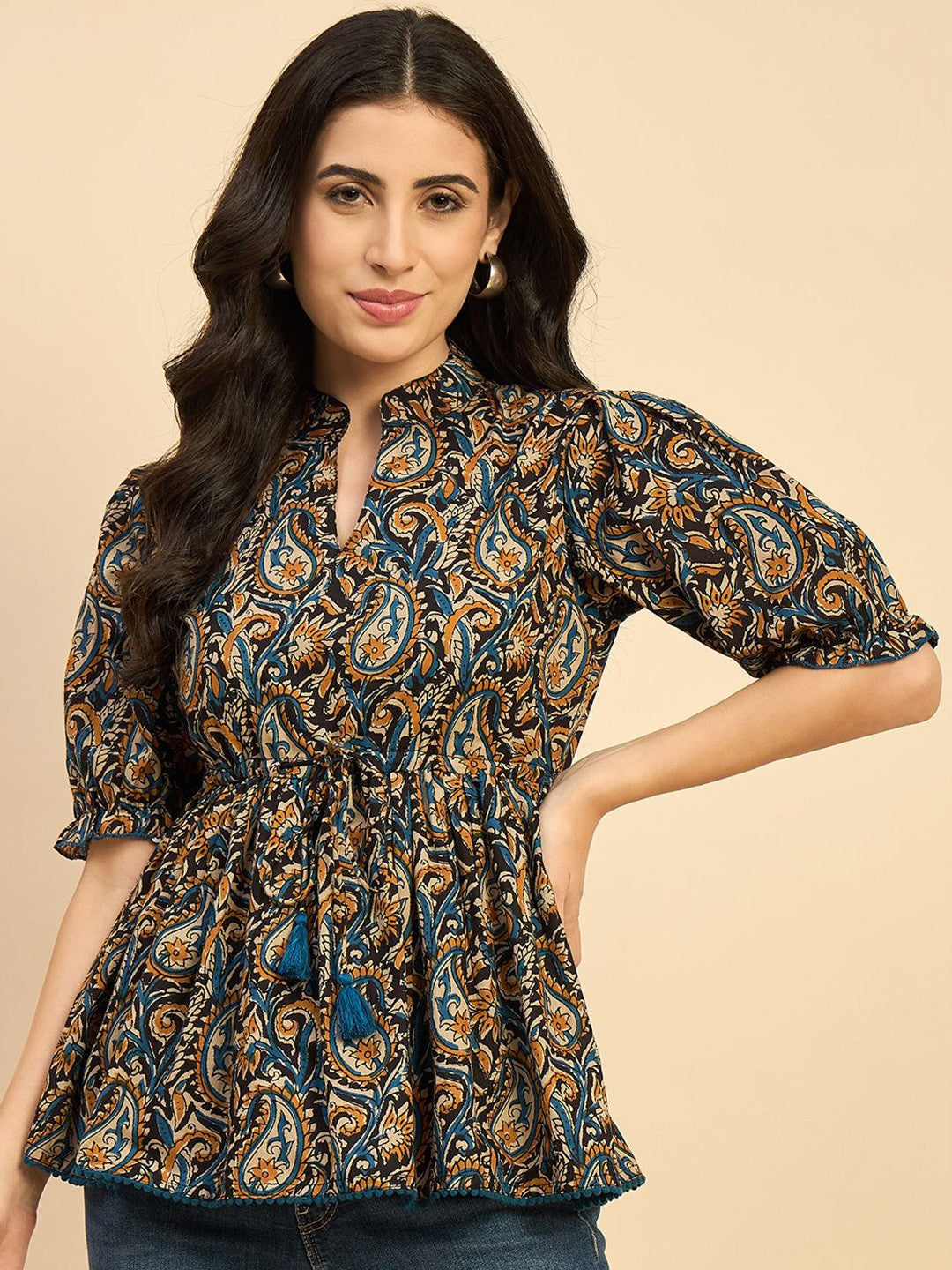 Women Ethnic Printed Mandarin Collar Cotton Top