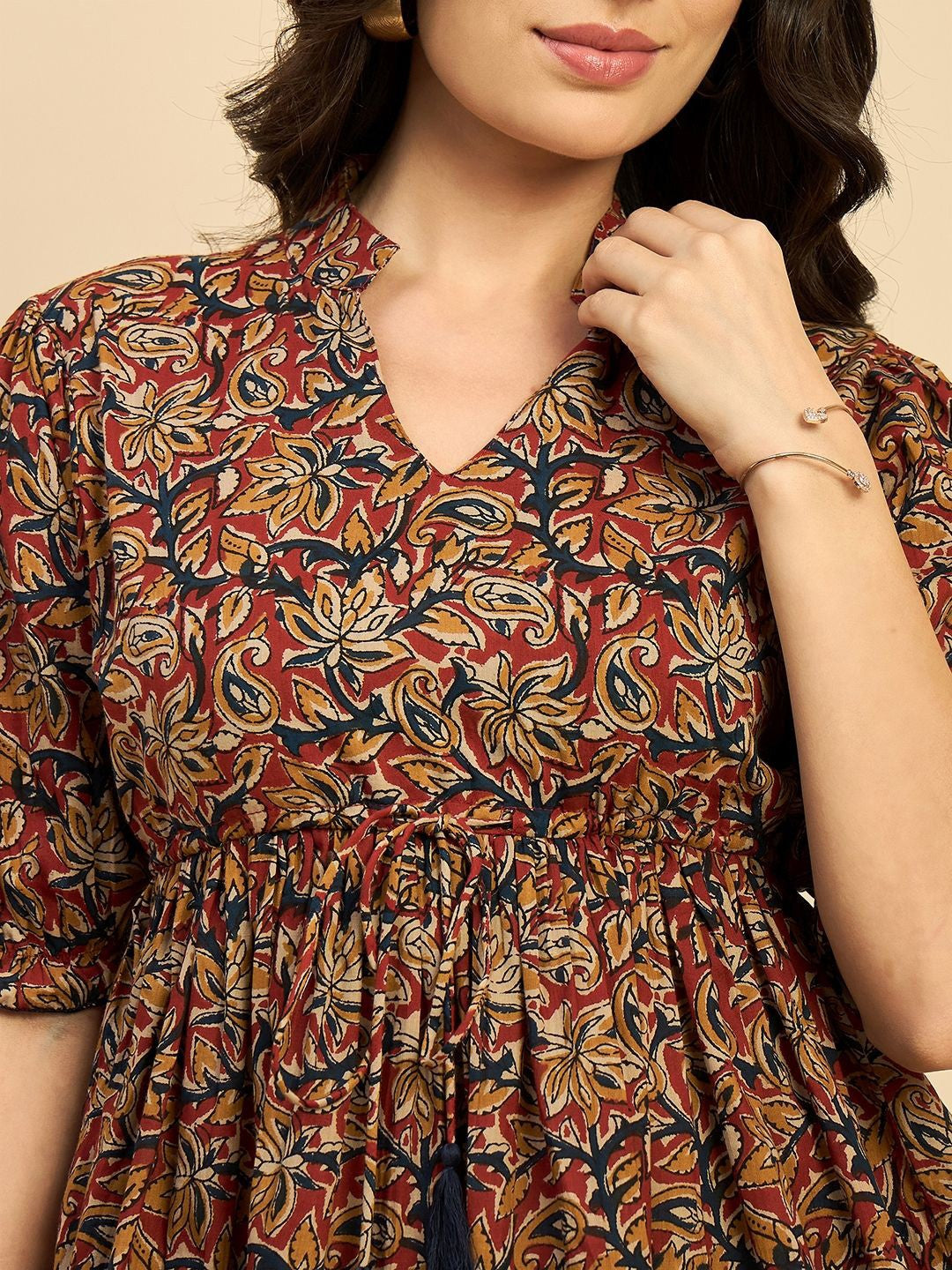 Women Ethnic Printed Mandarin Collar Cotton Top Red Blue